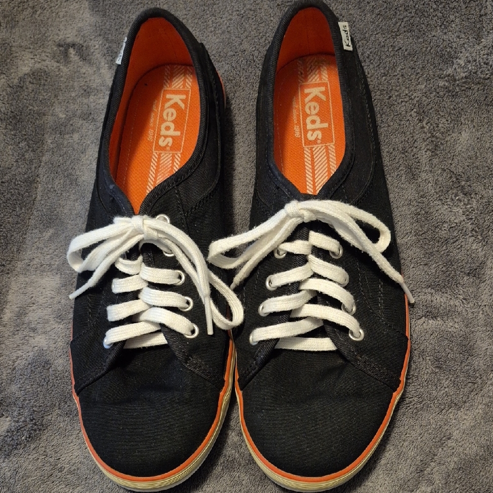 Keds Classic Black Sneakers with White Laces and Orange Accents
